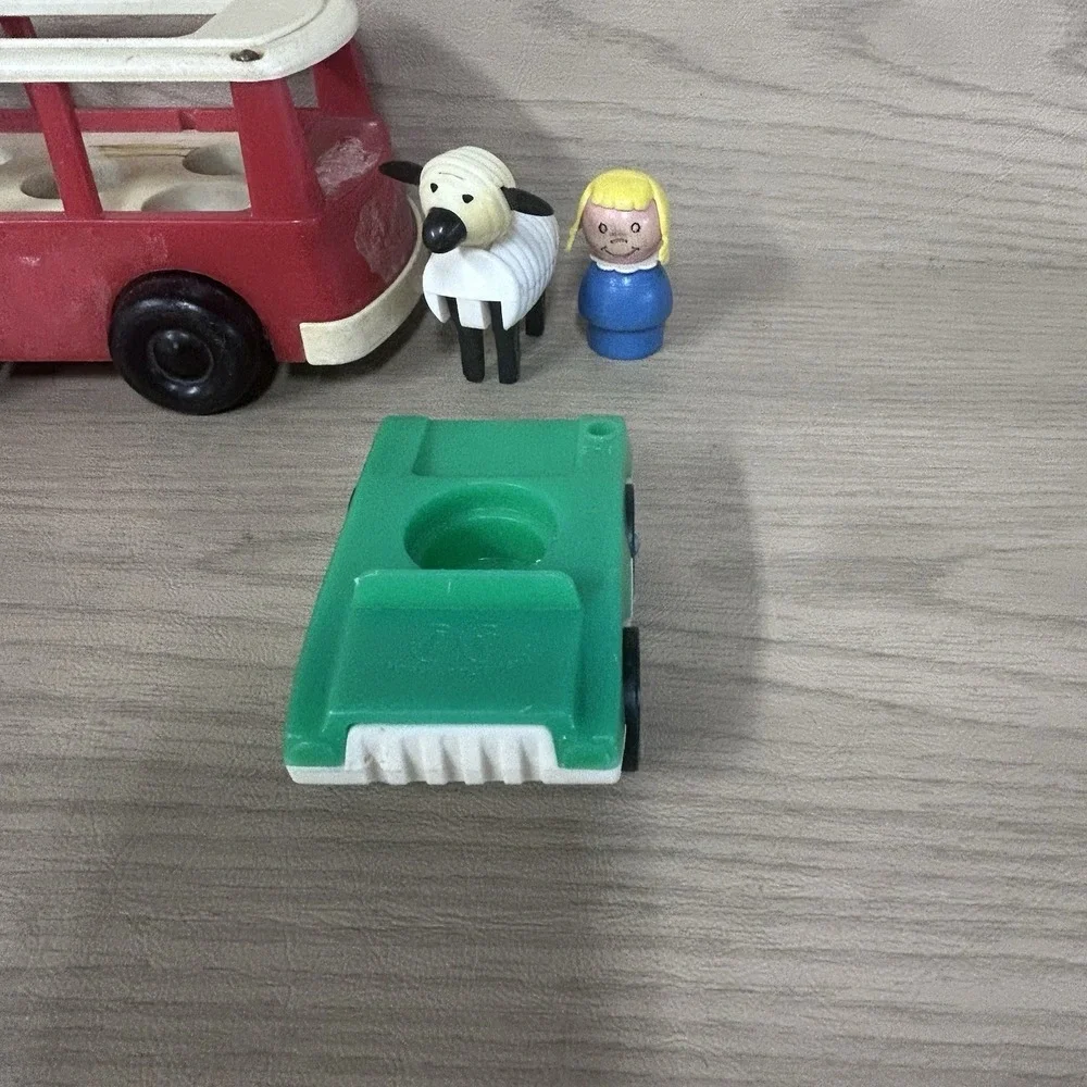 Classic Vtg Fisher Price Little People Car Mini-Bus Wood Girl Lamb 4 Piece Lot